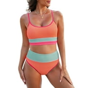 Eytino Women 2 Piece Bikini Set High Waisted Color Block Swimsuit 2025 Summer Beach Scrunch Ribbed Bathing Suit Orange L